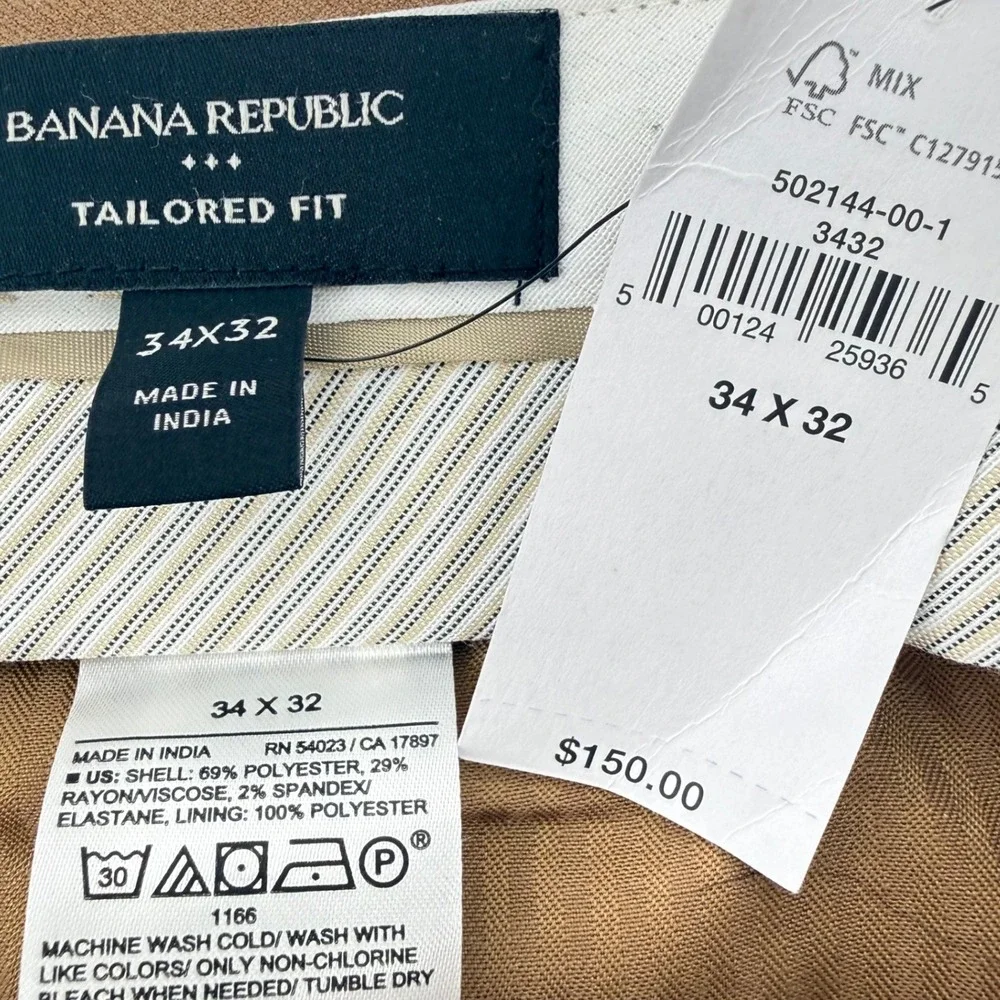 Banana Republic Tailored Fit Pants Men 34x32 Camel Brn Herringbone Dress Trouser